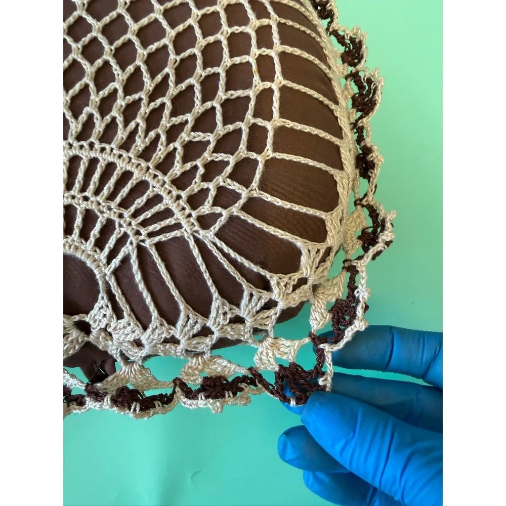 Vintage Crochet Heart Decorative Pillow Brown Cream Lace Doily Accent 8x9